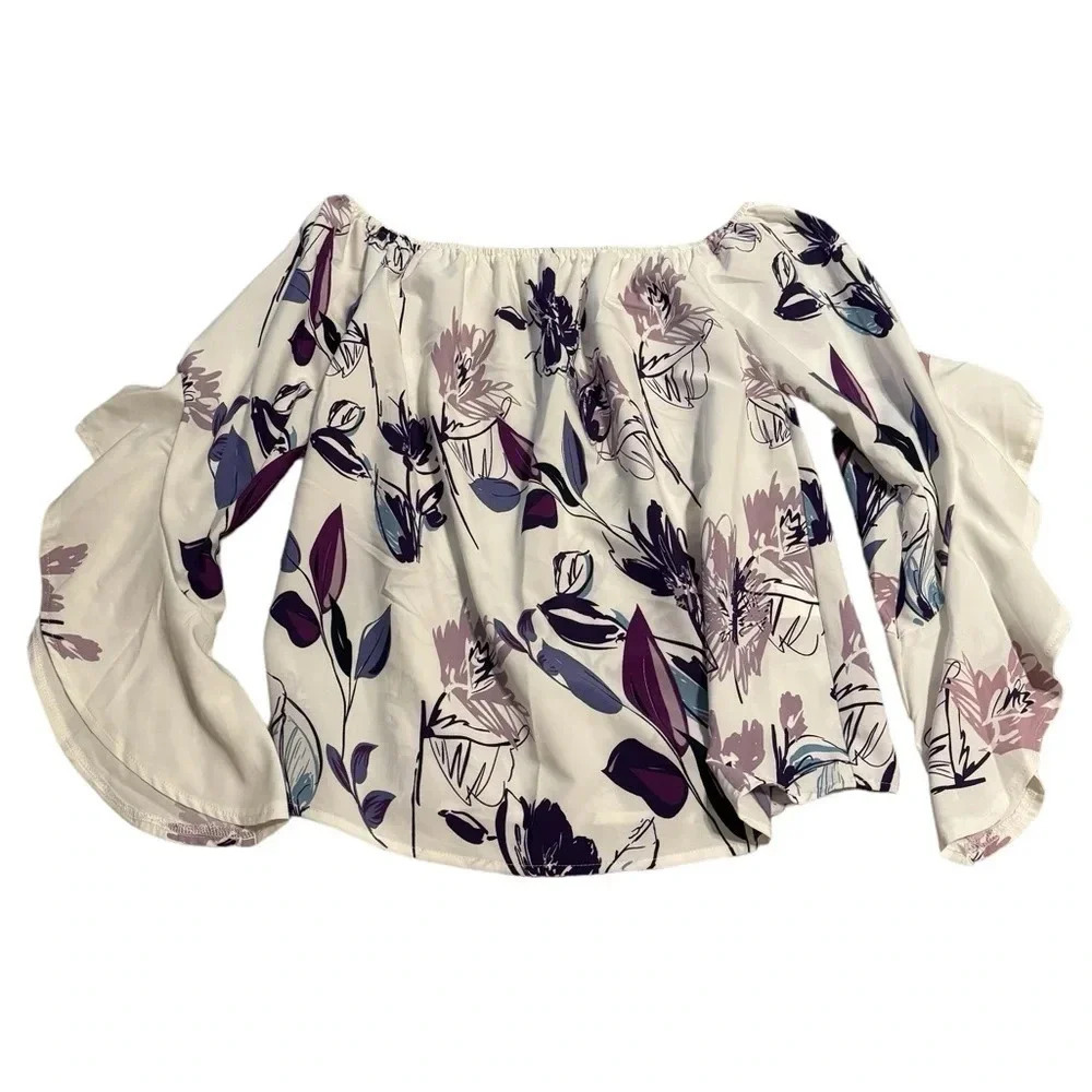 ✨🌸 Shein Off-Shoulder Floral Top White Purple Medium 🌸✨‎